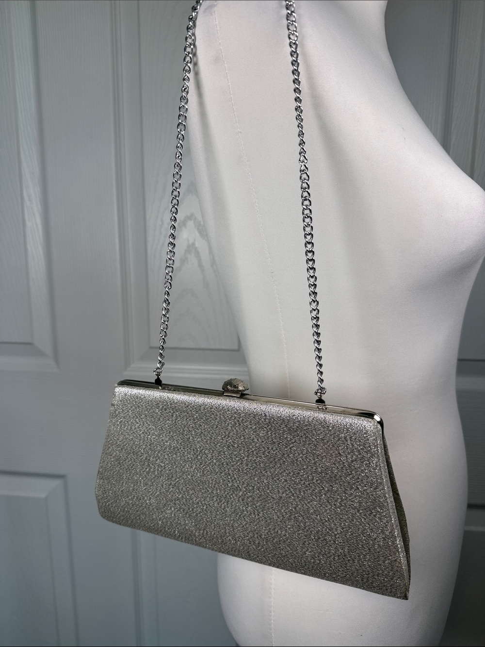 Boho Metallic Silver Evening Clutch beautiful closure & silver chain wedding bag